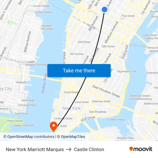 New York Marriott Marquis to Castle Clinton map