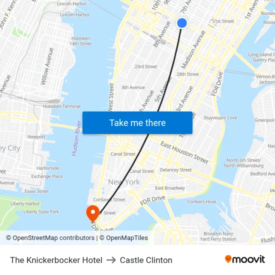 The Knickerbocker Hotel to Castle Clinton map
