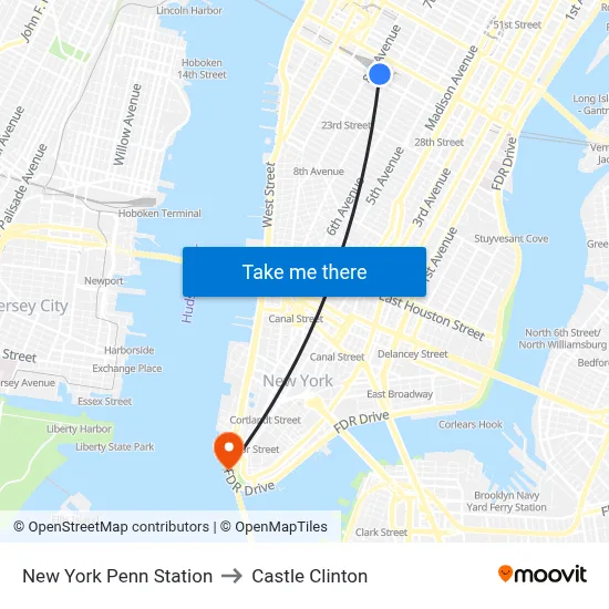 New York Penn Station to Castle Clinton map
