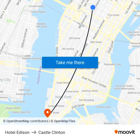 Hotel Edison to Castle Clinton map