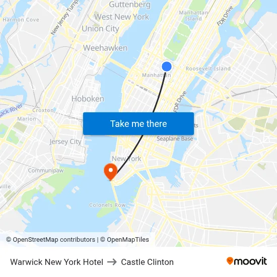 Warwick New York Hotel to Castle Clinton map