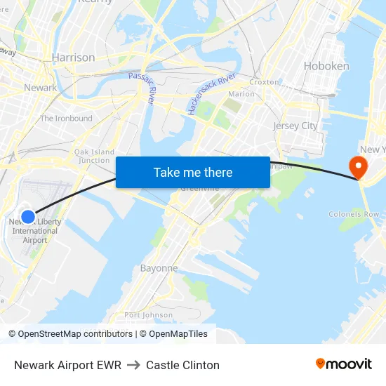 Newark Airport EWR to Castle Clinton map