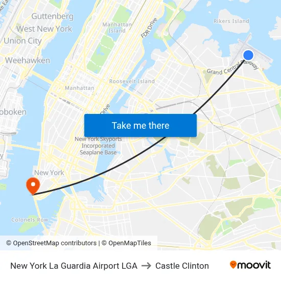 New York La Guardia Airport LGA to Castle Clinton map