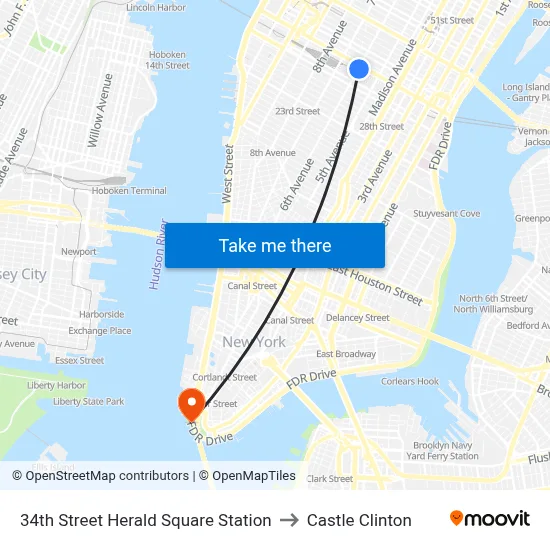 34th Street Herald Square Station to Castle Clinton map