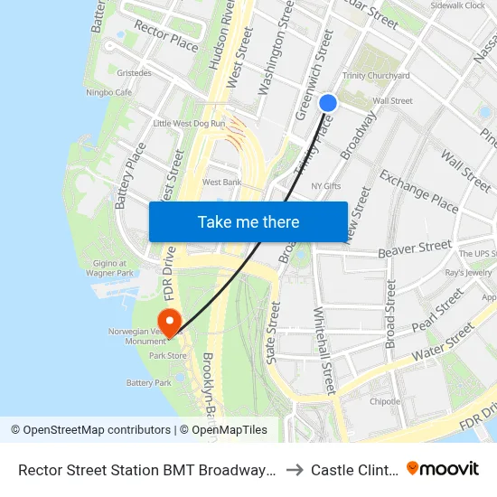 Rector Street Station BMT Broadway Line to Castle Clinton map
