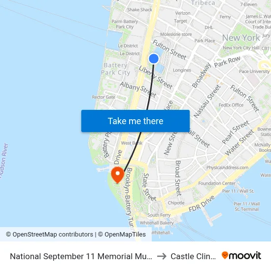 National September 11 Memorial Museum to Castle Clinton map