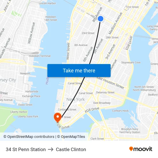 34 St Penn Station to Castle Clinton map