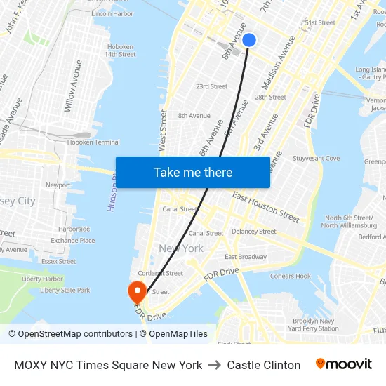 MOXY NYC Times Square New York to Castle Clinton map