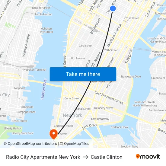 Radio City Apartments New York to Castle Clinton map