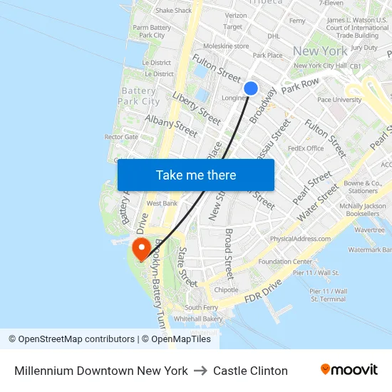 Millennium Downtown New York to Castle Clinton map