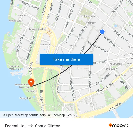 Federal Hall to Castle Clinton map