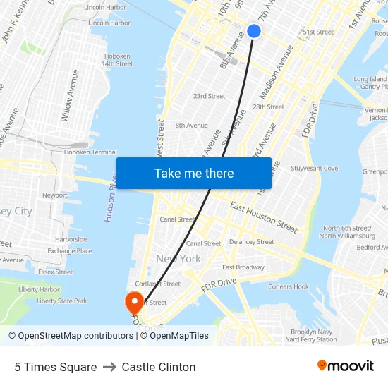 5 Times Square to Castle Clinton map