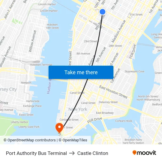 Port Authority Bus Terminal to Castle Clinton map