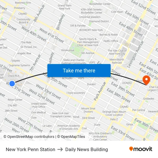 New York Penn Station to Daily News Building map