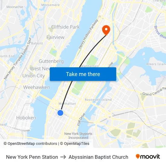 New York Penn Station to Abyssinian Baptist Church map