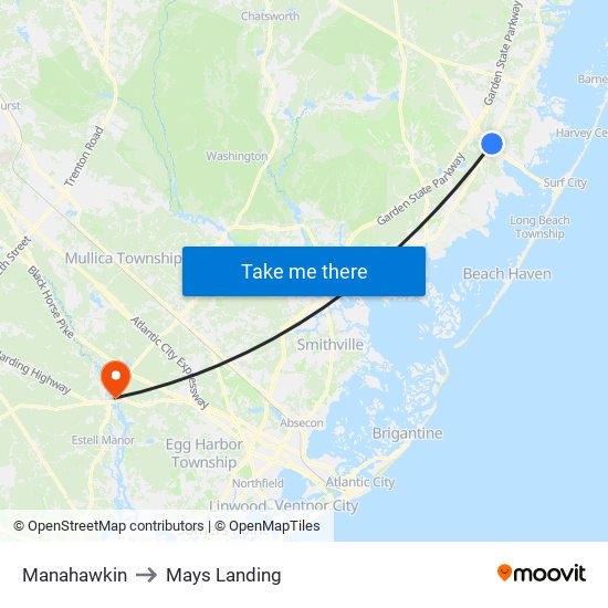 Manahawkin to Mays Landing map