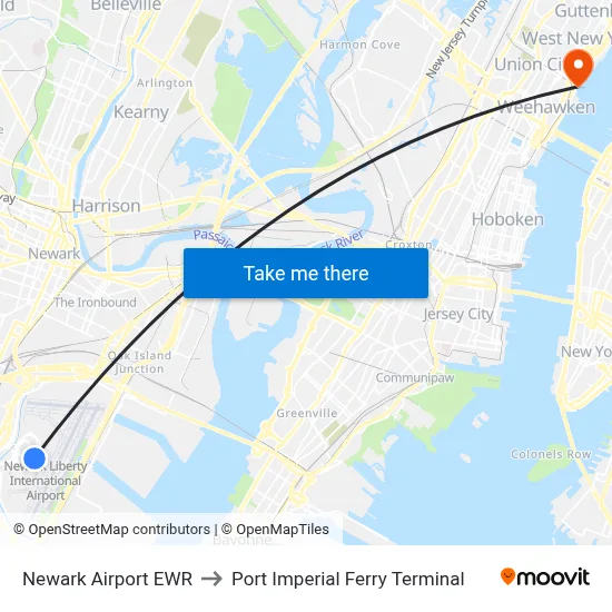 Newark Airport EWR to Port Imperial Ferry Terminal map