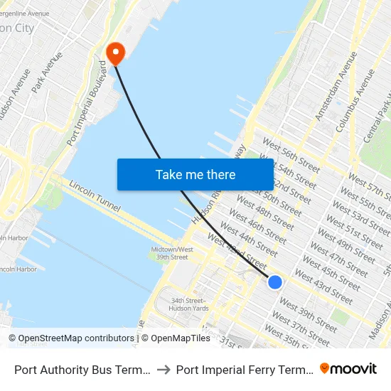 Port Authority Bus Terminal to Port Imperial Ferry Terminal map