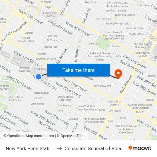 New York Penn Station to Consulate General Of Poland map