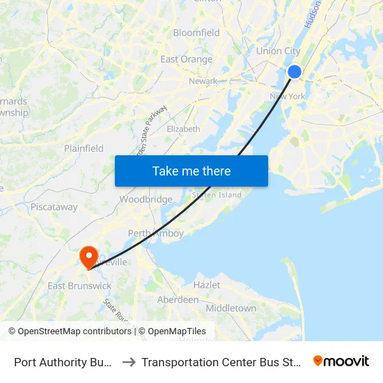 Port Authority Bus Terminal to Transportation Center Bus Stop (Coach Usa) map