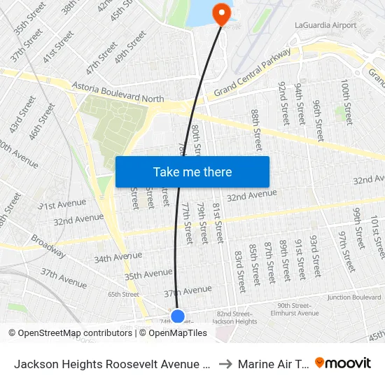 Jackson Heights Roosevelt Avenue 74th Street Station to Marine Air Terminal map