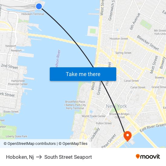 Hoboken, Nj to South Street Seaport map