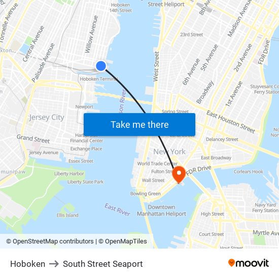 Hoboken to South Street Seaport map