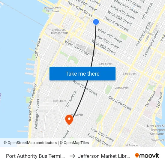 Port Authority Bus Terminal to Jefferson Market Library map