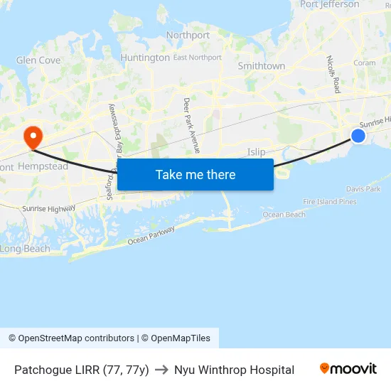 Patchogue LIRR (77, 77y) to Nyu Winthrop Hospital map