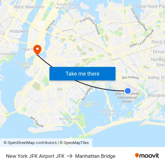 New York JFK Airport JFK to Manhattan Bridge map