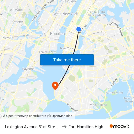 Lexington Avenue 51st Street Station to Fort Hamilton High School map