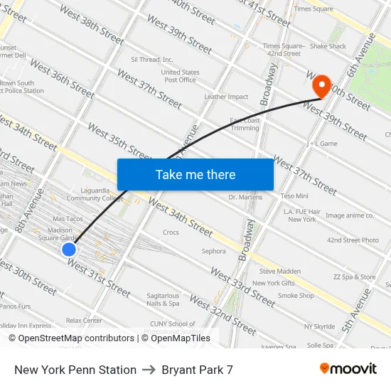 New York Penn Station to Bryant Park 7 map