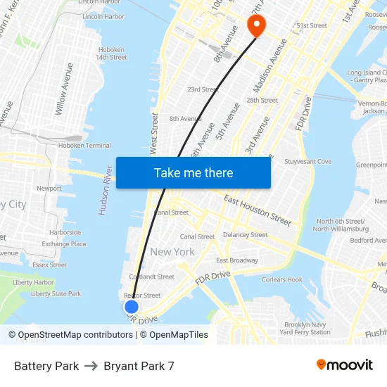 Battery Park to Bryant Park 7 map