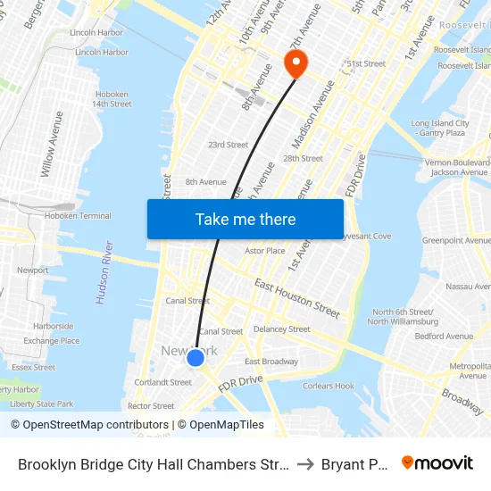 Brooklyn Bridge City Hall Chambers Street Station to Bryant Park 7 map
