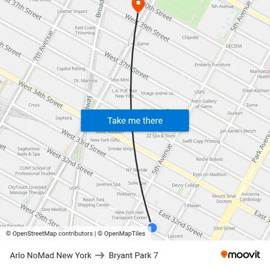 Arlo NoMad New York to Bryant Park 7 map