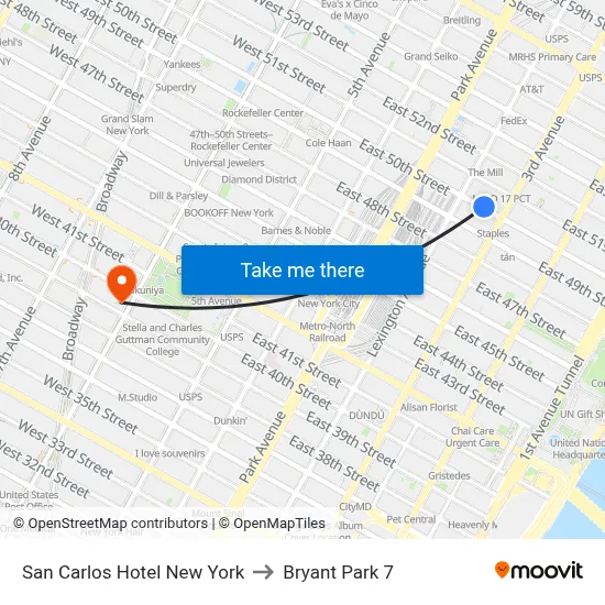 San Carlos Hotel New York to Bryant Park 7 map