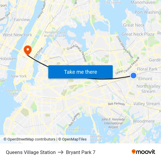 Queens Village Station to Bryant Park 7 map