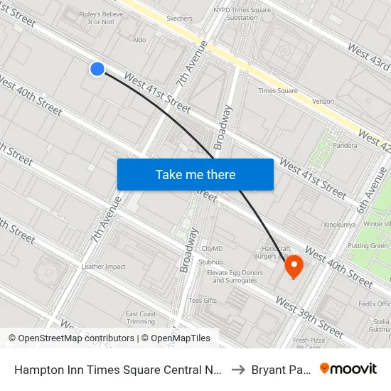 Hampton Inn Times Square Central New York to Bryant Park 7 map