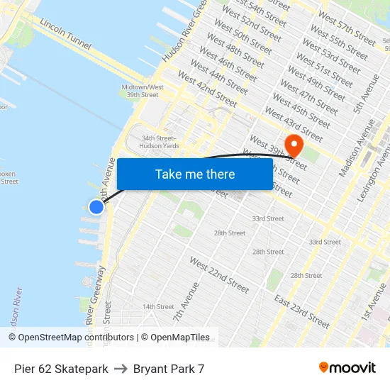 Pier 62 Skatepark to Bryant Park 7 map