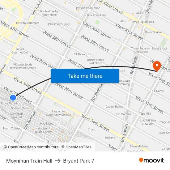 Moynihan Train Hall to Bryant Park 7 map
