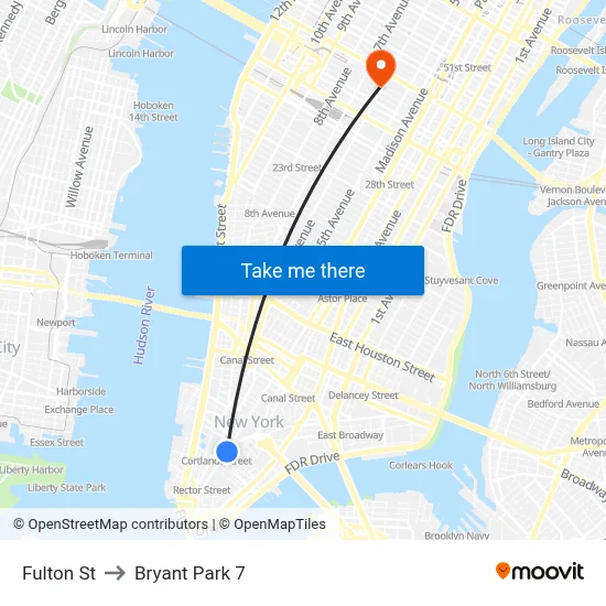 Fulton St to Bryant Park 7 map
