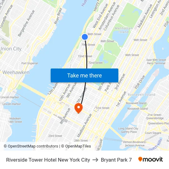 Riverside Tower Hotel New York City, 80 Riverside Dr to Bryant Park 7 map