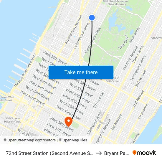 72nd Street Station (Second Avenue Subway) to Bryant Park 7 map