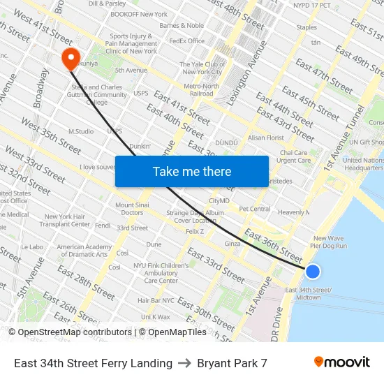 East 34th Street Ferry Landing to Bryant Park 7 map