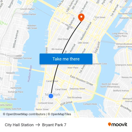 City Hall Station to Bryant Park 7 map