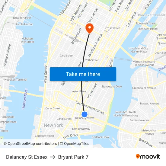Delancey St Essex, New York, NY 10002 to Bryant Park 7 map