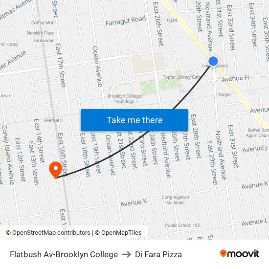 Flatbush Av-Brooklyn College to Di Fara Pizza map