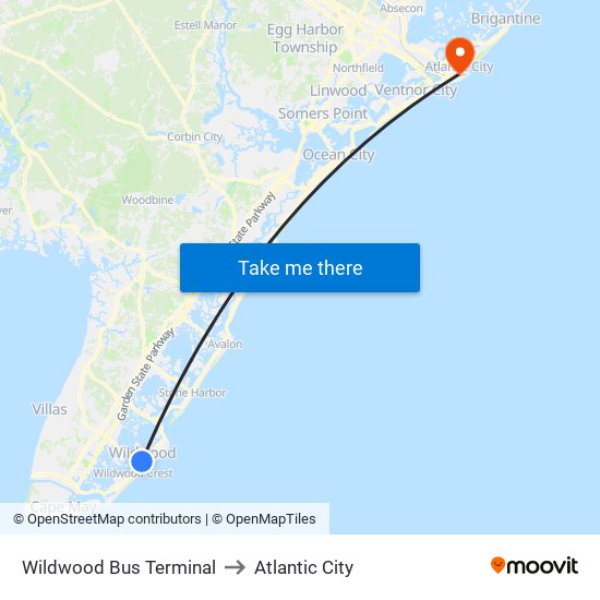 Wildwood Bus Terminal to Atlantic City map