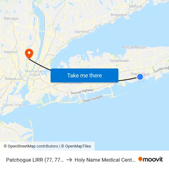 Patchogue LIRR (77, 77y) to Holy Name Medical Center map