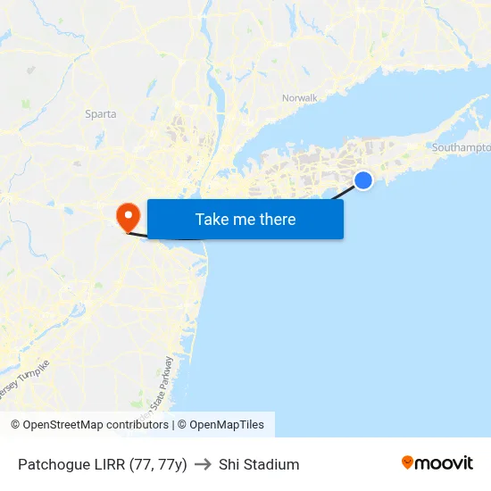 Patchogue LIRR (77, 77y) to Shi Stadium map
